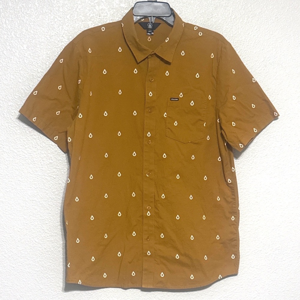 Volcom Men XL Golden Brown Stone Logo‎ Cotton Short Sleeve Button-Up Camp Shirt